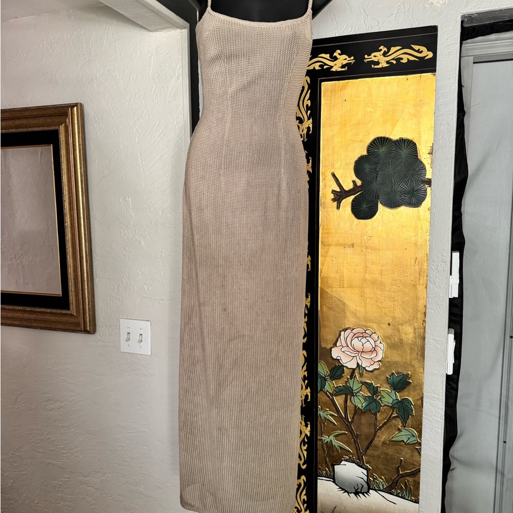 Mark Wong Nark Beige Knit adjustable strap long gown dress.